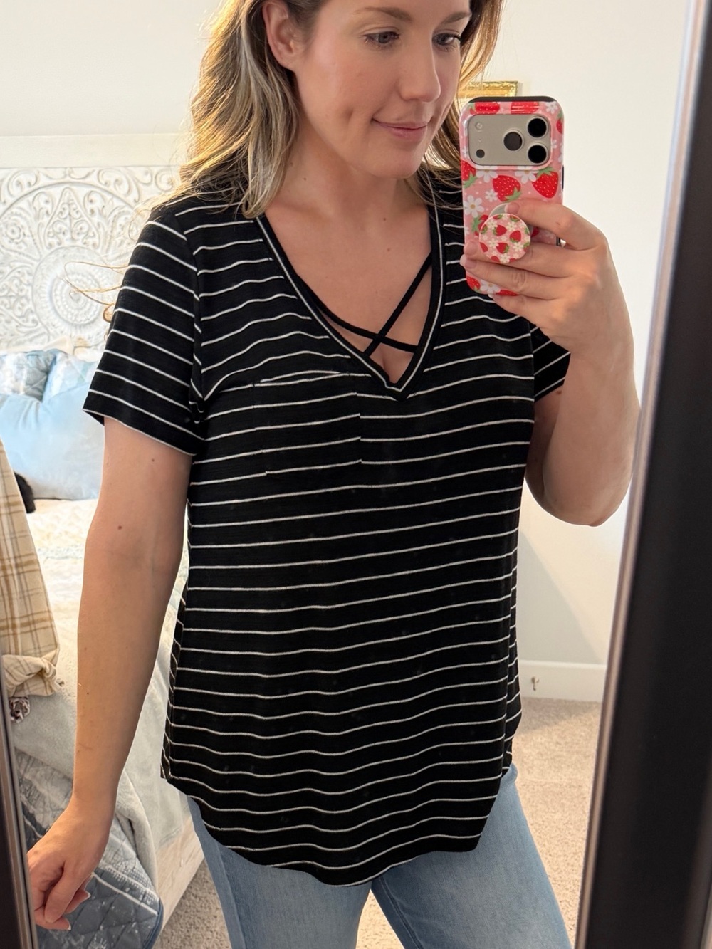 torrid Black and White Striped V-Neck Crisscross Short Sleeve Top